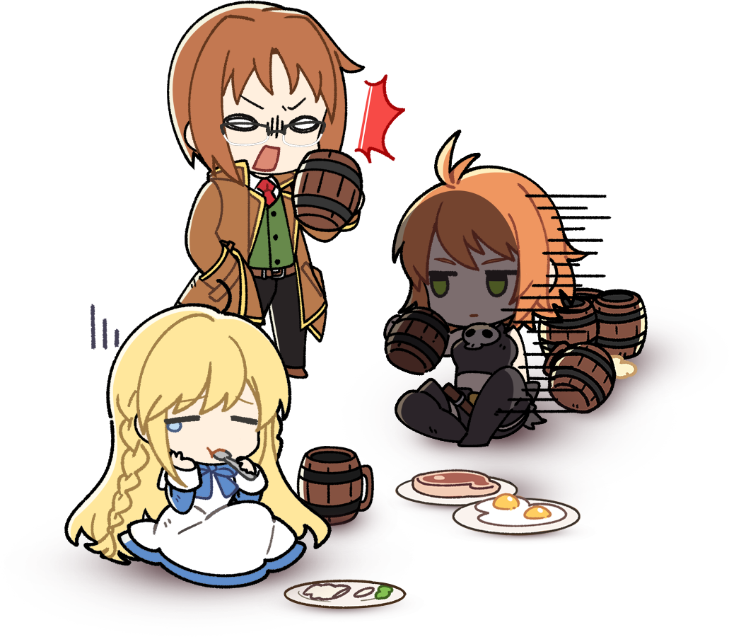 1boy, 2girls, alcohol, antenna_hair, artist_request, beer, belt, black_boots