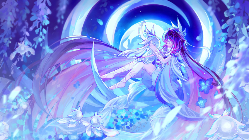 1girl, absurdly_long_hair, absurdres, barefoot, columbina_(genshin_impact), columbina_(nod-krai)_(genshin_impact), dress, floating