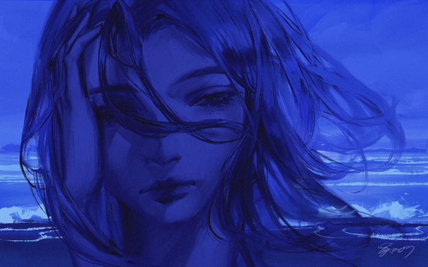 1girl, absurdres, blue_theme, closed_mouth, commentary_request, doloyume, hair_between_eyes, hand_on_own_face