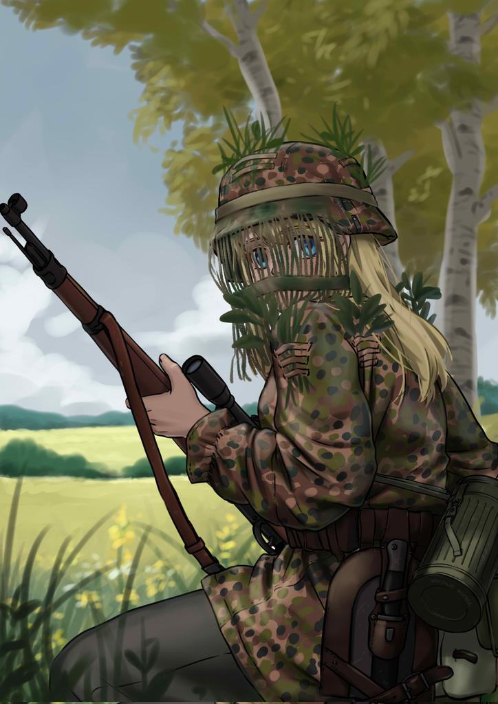 1girl, birch_tree, black_pants, blonde_hair, blue_eyes, blue_sky, camouflage, camouflage_headwear