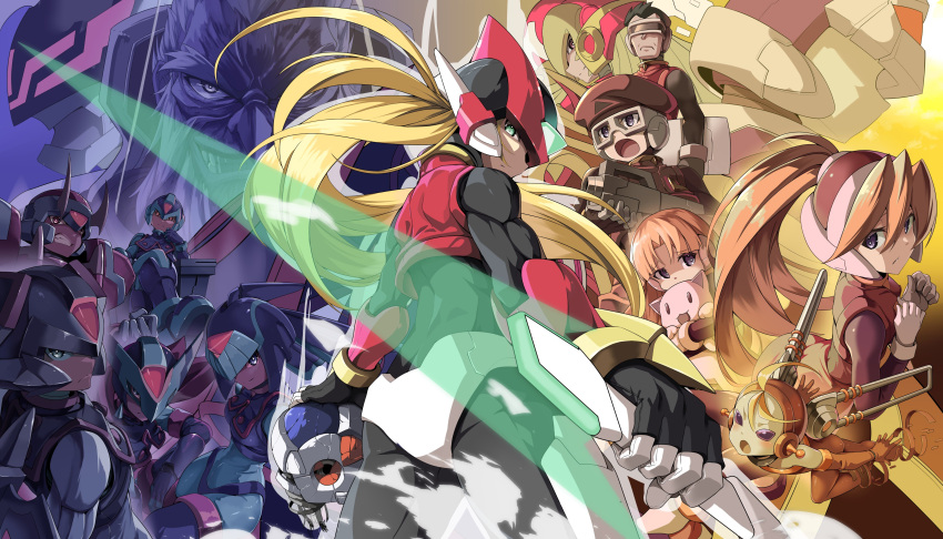 4girls, 6+boys, absurdres, alouette_(mega_man), android, armor, blonde_hair, cerveau_(mega_man)