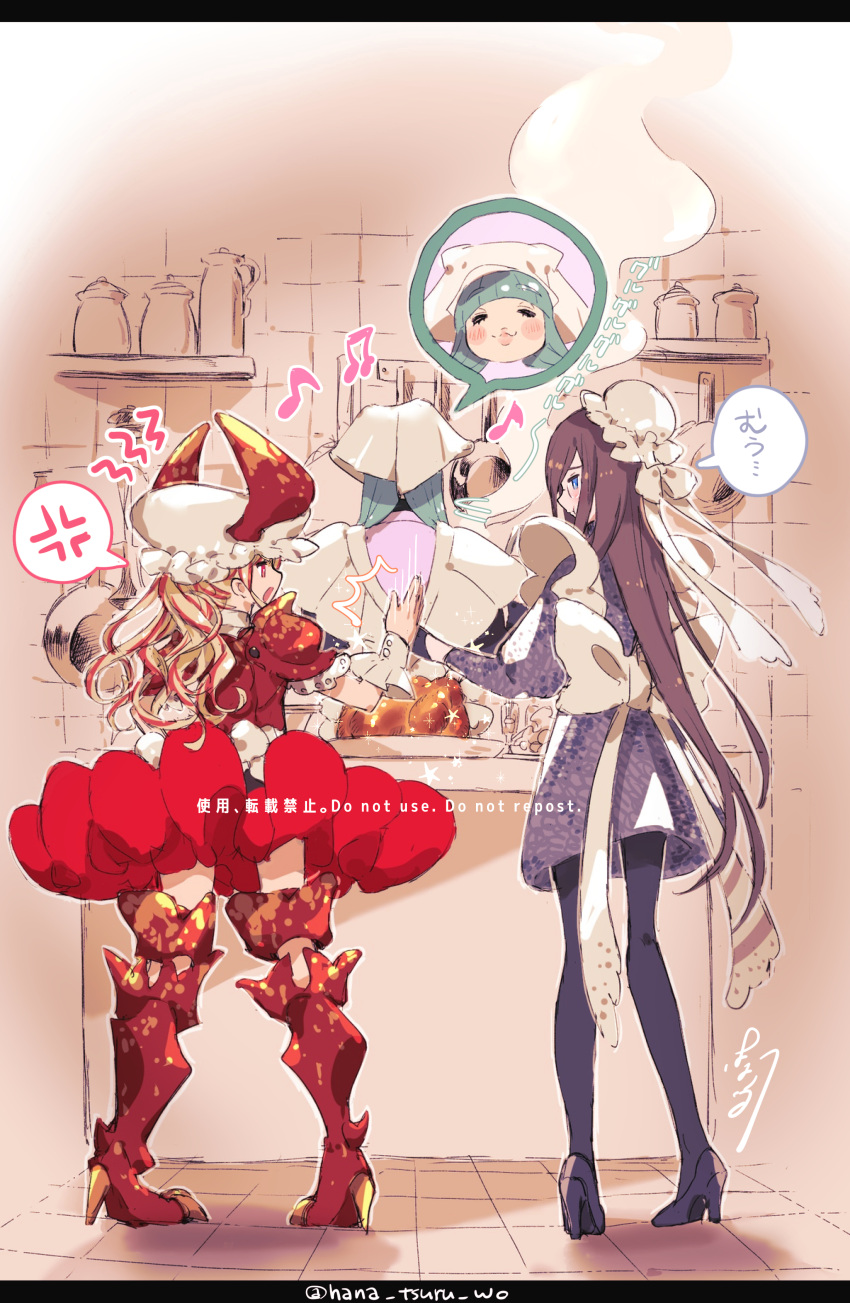 3girls, absurdres, anger_vein, apron, black_hair, black_pantyhose, blonde_hair, blue_eyes, bow, commission, dress, food, from_behind, glasses, green_hair, hat, headscarf, high_heels, highres, horns, leg_armor, long_hair, maid, maid_apron, mob_cap, multicolored_hair, multiple_girls, musical_note, original, pantyhose, purple_dress, red_dress, red_eyes, red_hair, scarf, skeb_commission, streaked_hair, sugomori_tsuru_(hana_tsuru_wo), white_bow, white_scarf
