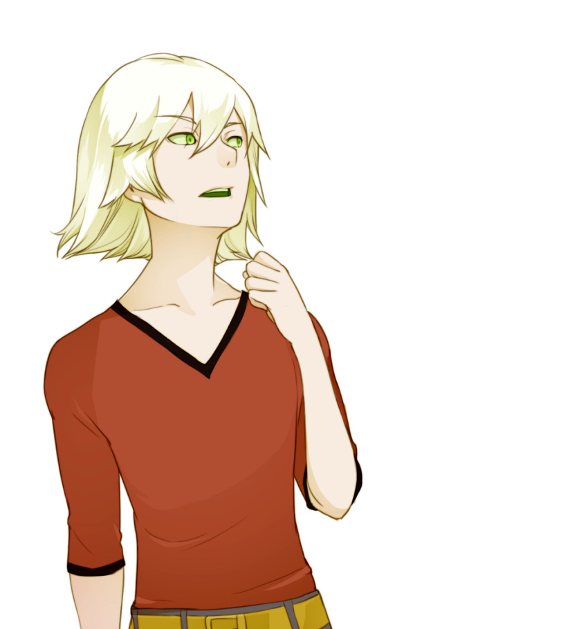 1boy, bare_arms, beetle_05_(toaru), belt, clenched_hand, collarbone, colored_skin, commentary