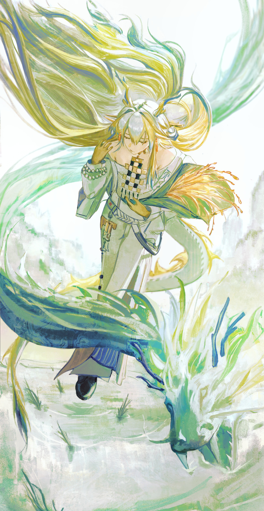 1girl, absurdres, arknights, beads, belt, blonde_hair, blue_hair, closed_eyes
