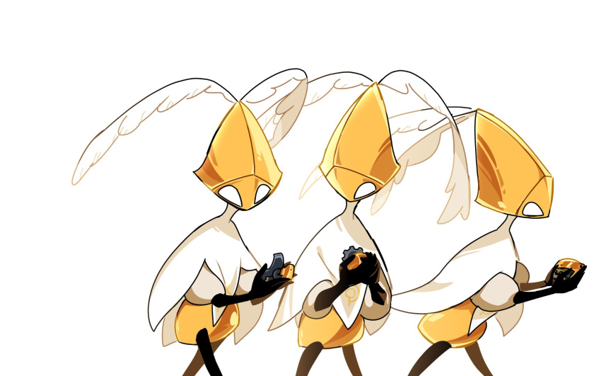 3others, arthropod_limbs, cloak, cropped_legs, gears, highres, holding, hollow_knight, hollow_knight:_silksong, looking_at_another, multiple_others, no_humans, other_focus, second_sentinel_(hollow_knight), simple_background, starowarblern, walking, white_background, white_cloak, white_eyes