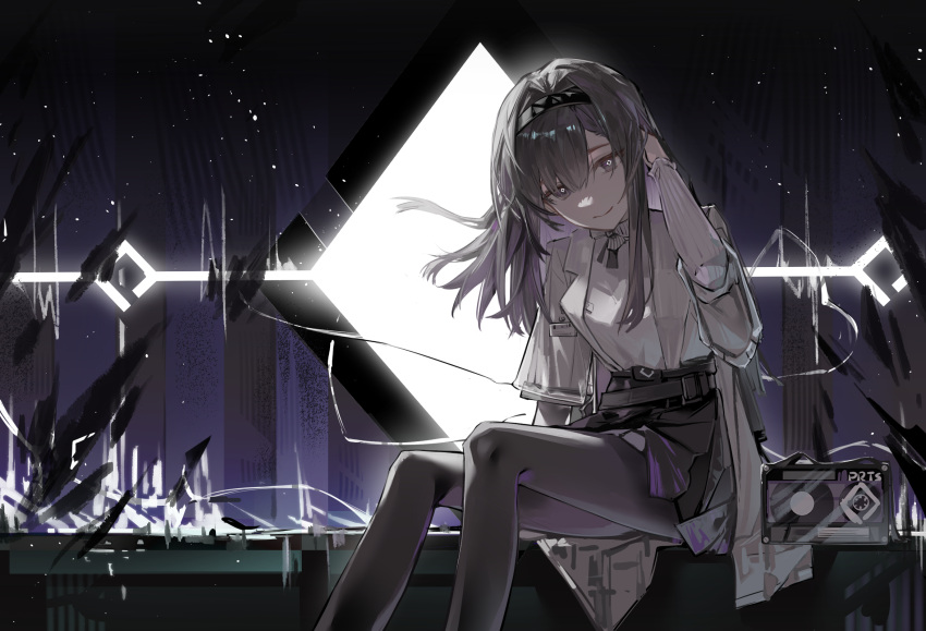 1girl, arknights, arm_up, black_eyes, black_hair, black_hairband, black_pantyhose, character_name