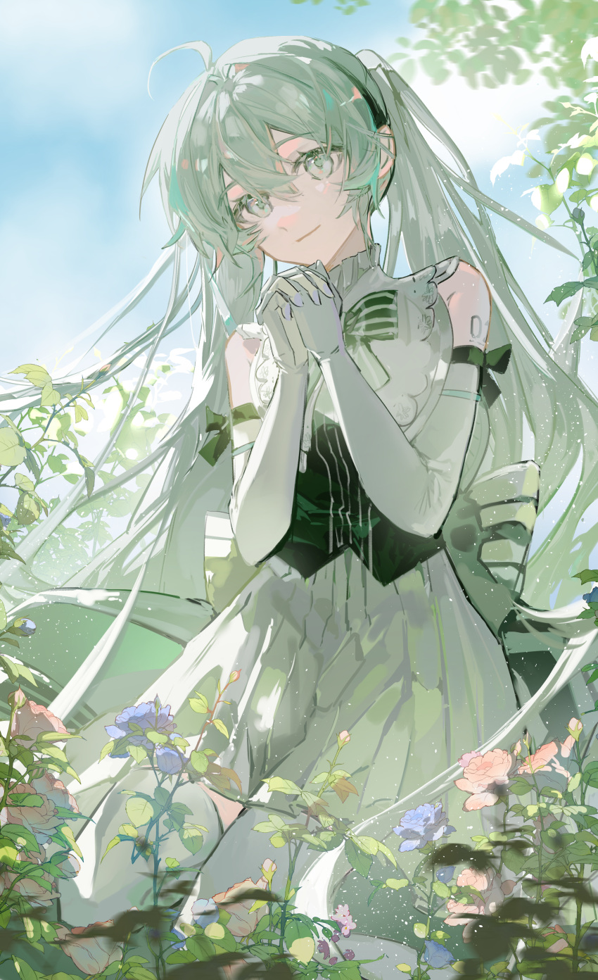 1girl, absurdres, ahoge, bare_shoulders, blue_flower, closed_mouth, day, dress