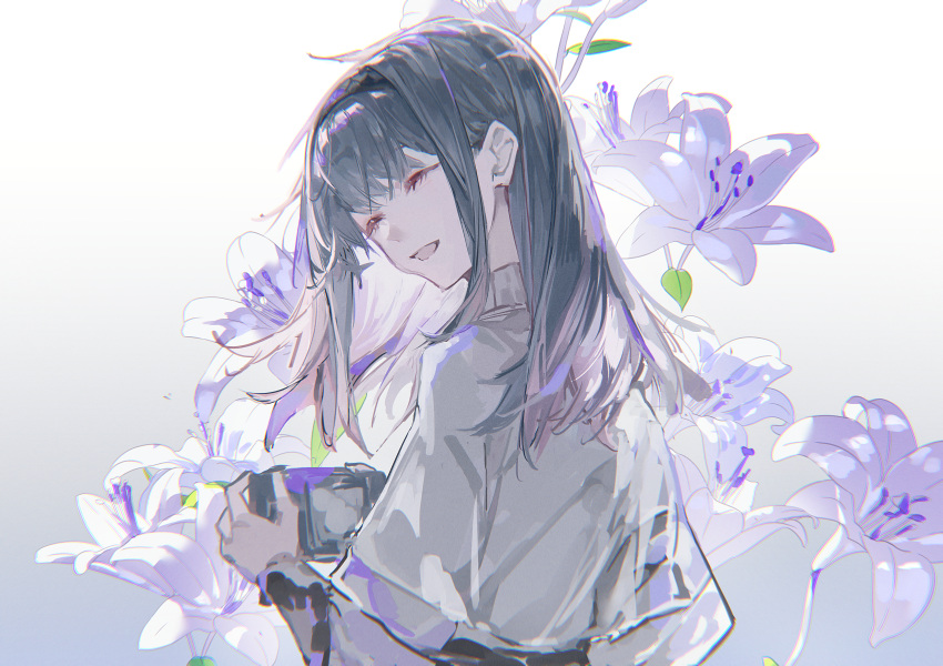 1girl, :d, ^_^, absurdres, arknights, black_hair, black_hairband, chinese_commentary