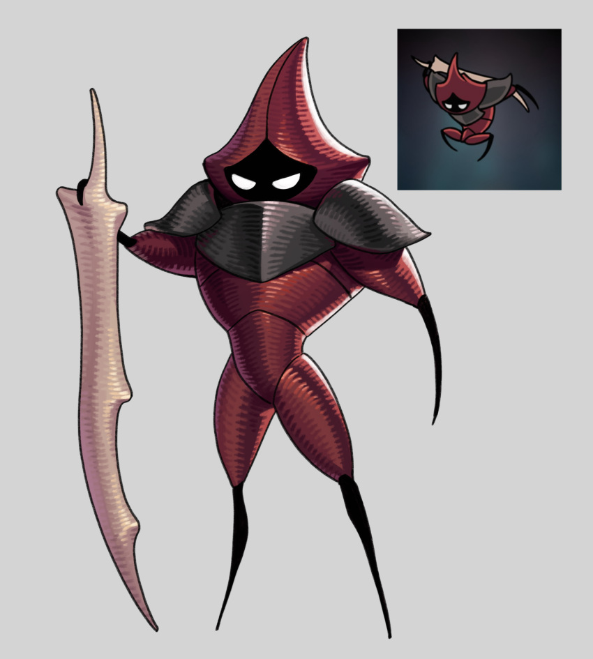 arthropod_limbs, bone_weapon, colored_skin, commentary, commission, full_body, highres, holding