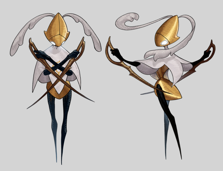 absurdres, arthropod_limbs, black_skin, cloak, colored_skin, crossed_weapons, dual_wielding, full_body