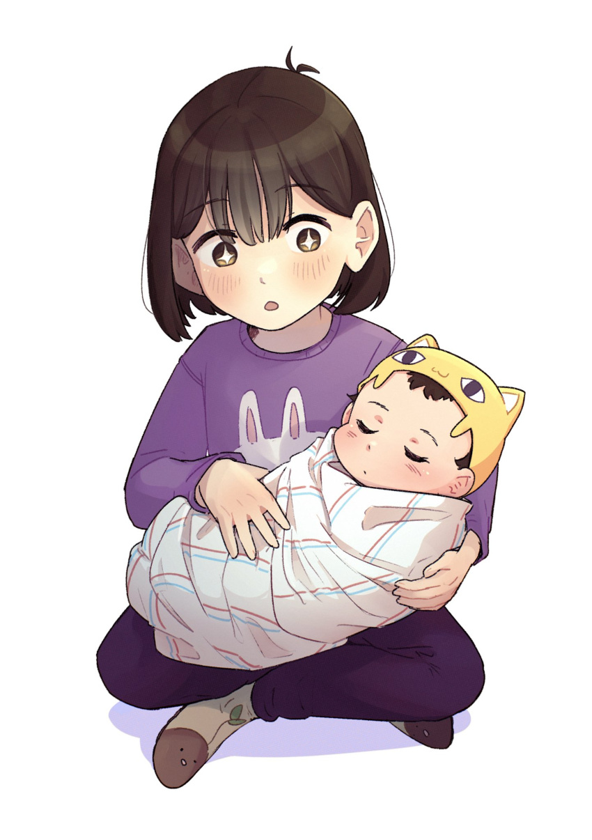 +_+, 1boy, 1girl, :o, animal_hat, animal_print, antenna_hair, baby
