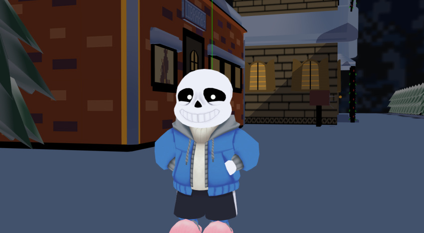 1boy, 2022, 3d, black_shorts, blue_jacket, dark_background, digital_media, full_body, grey_hood, hollow_eyes, hood, hood_down, hooded_jacket, humanoid, in-universe_location, jacket, male, male_focus, male_only, mikumikudance_(medium), monster, monster_boy, open_clothes, open_jacket, outdoors, pink_slippers, sans_(undertale), shirt, shorts, single_vertical_stripe, skeleton, slippers, snowdin_(undertale), socks, solo, sonicfanno101243, standing, striped_shorts, teeth, undead, undertale, utdr_(toby_fox), vertical-striped_clothes, vertical-striped_shorts, white_shirt, white_socks, white_stripes