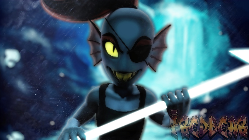 1girl, 2016, 3d, anthro, artist_name, black_eyepatch, black_tank_top, blue_skin, colored_sclera, colored_skin, commentary, digital_media, ear_fins, english_commentary, eyepatch, female, female_only, fins, fish, fish_girl, fredbear95, garry's_mod_(medium), head_fins, high_ponytail, holding, holding_polearm, holding_spear, holding_weapon, in-universe_location, long_hair, looking_at_viewer, monster, monster_girl, outdoors, polearm, ponytail, portrait, red_hair, sharp_teeth, slit_pupils, solo, spear, tank_top, teeth, undertale, undyne, utdr_(toby_fox), watermark, weapon, yellow_sclera, yellow_teeth