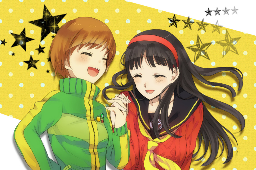 bad_id, black_hair, blush, brown_hair, closed_eyes, eyes_closed, hand_holding, happy, holding_hands, long_hair, okra_boom, persona, persona_4, satonaka_chie, short_hair, star