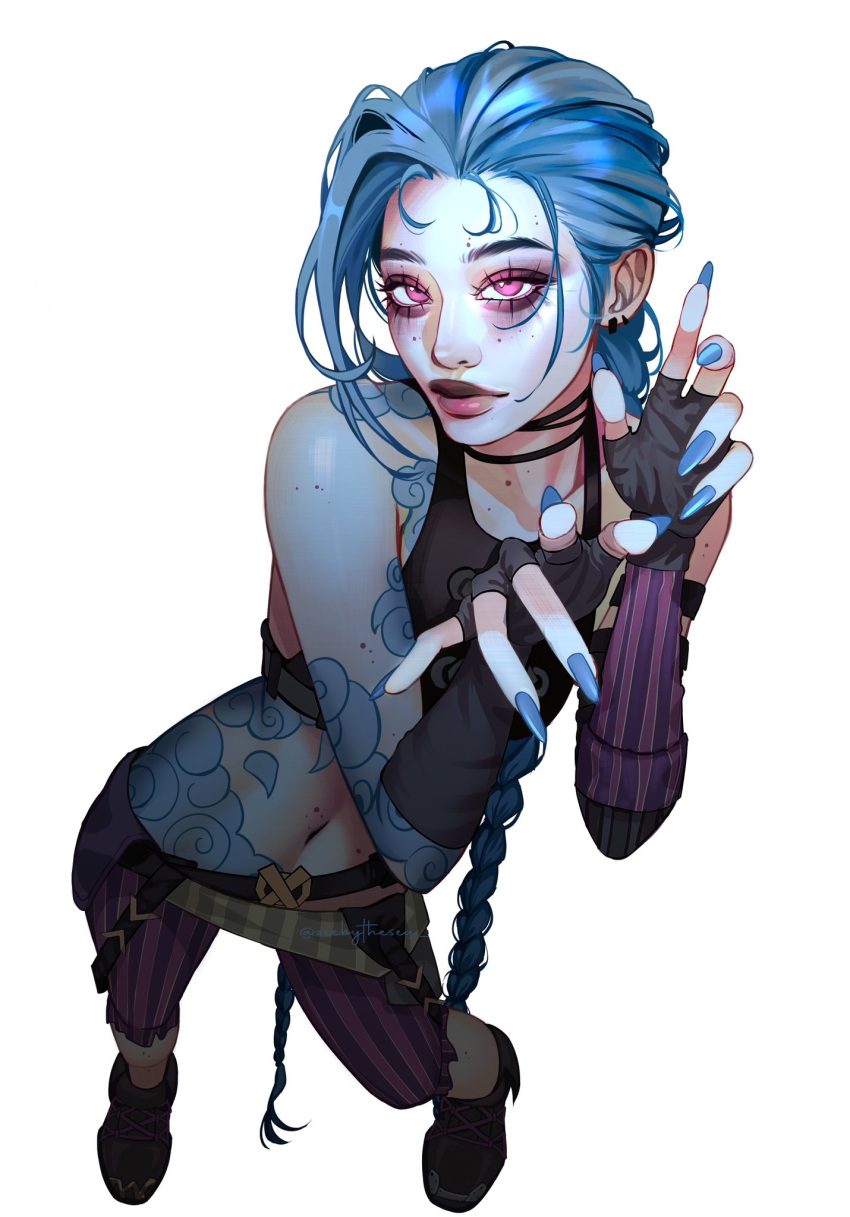 1girl, arcane:_league_of_legends, arcane_jinx, arm_tattoo, asymmetrical_bangs, belt, black_gloves, black_tank_top