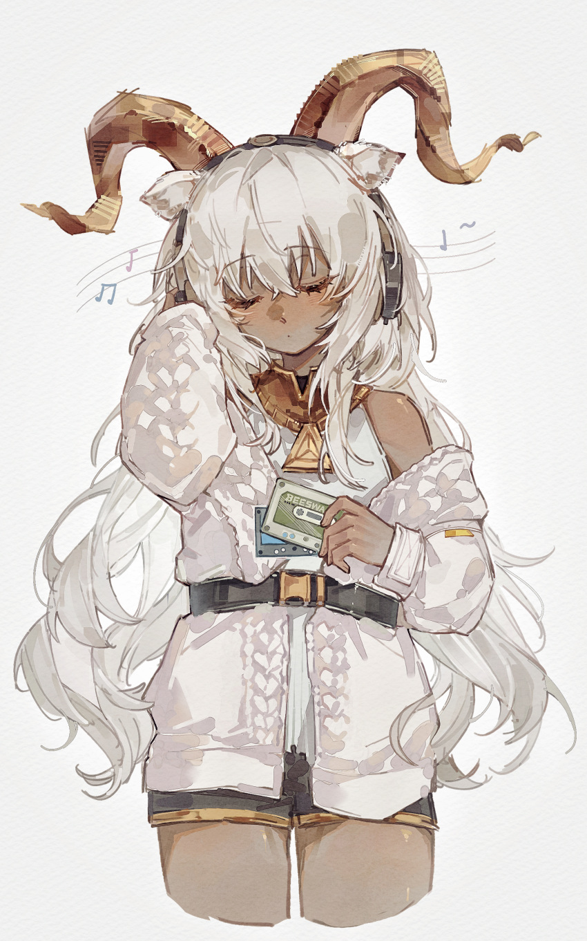 1girl, absurdres, animal_ears, arknights, beeswax_(arknights), belt, black_shorts, cassette_tape, choker, closed_eyes, dark_skin, headphones, headphones_around_neck, highres, holding, holding_cassette_tape, horns, huaique, jacket, jewelry, listening_to_music, long_hair, musical_note, necklace, painting_(medium), sheep_ears, sheep_horns, shirt, shorts, simple_background, sleeveless, sleeveless_shirt, solo, traditional_media, upper_body, watercolor_(medium), white_background, white_hair, white_jacket