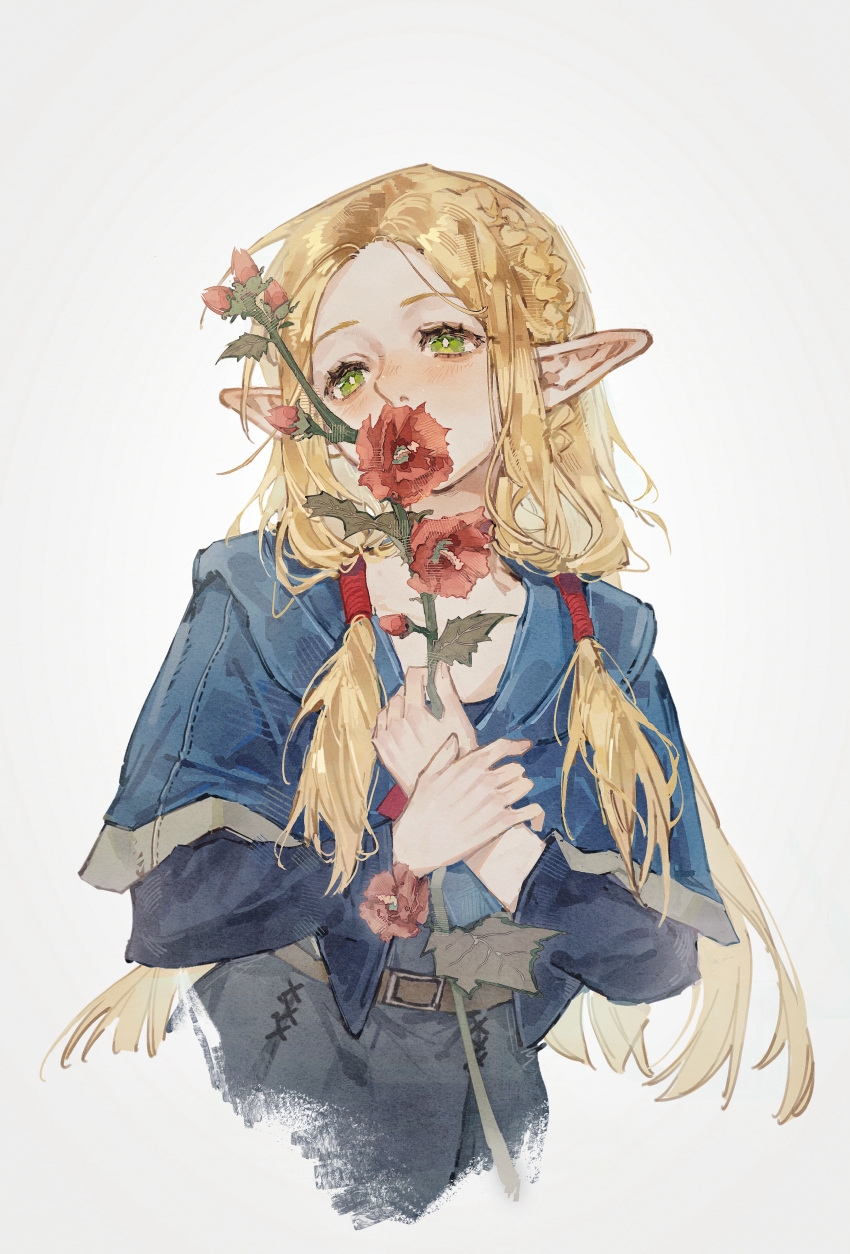 1girl, absurdres, arknights, belt, blonde_hair, blue_tunic, blush, braid