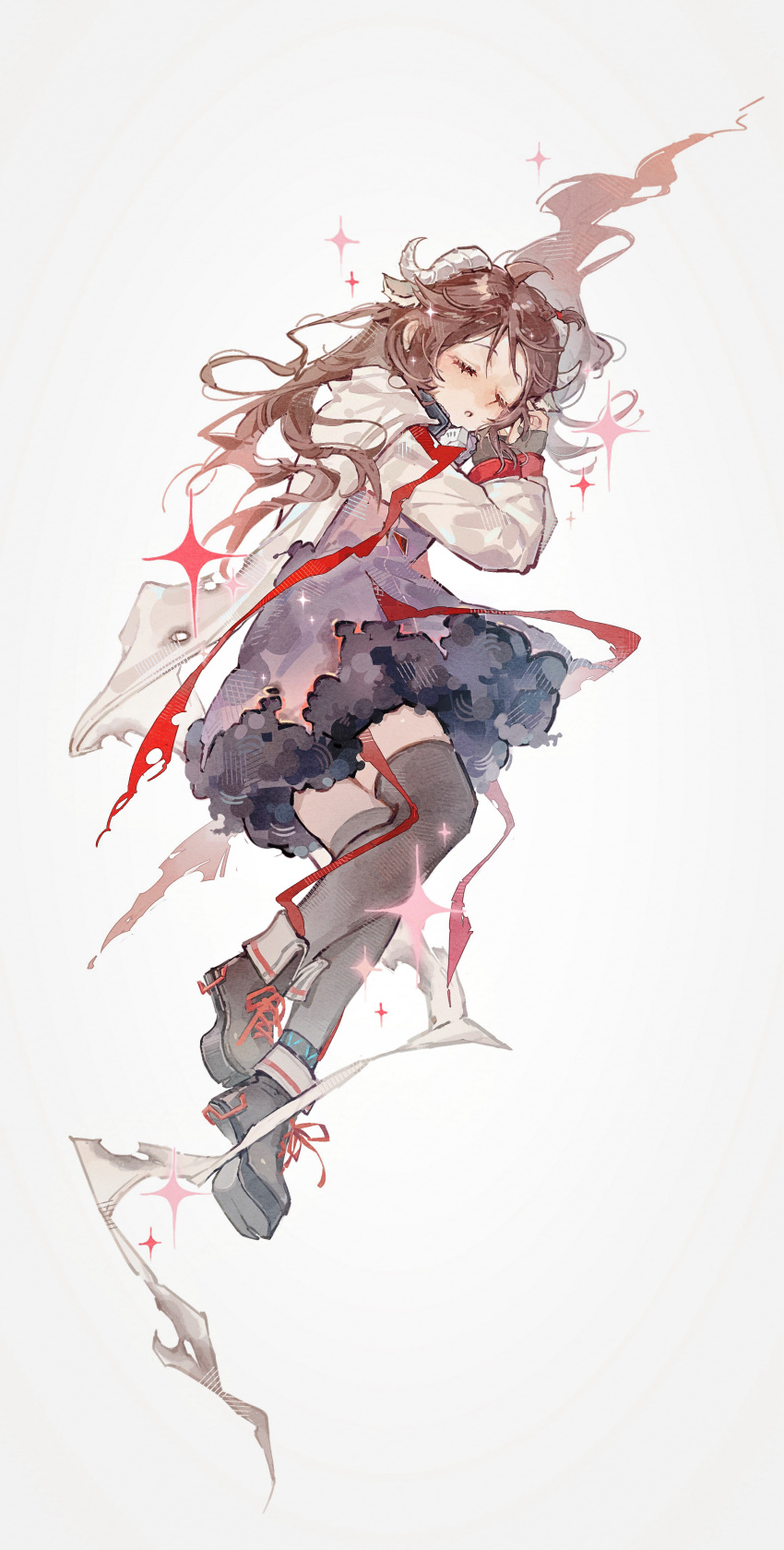 1girl, absurdres, animal_ears, arknights, arms_up, boots, brown_hair, closed_eyes, collared_shirt, eyjafjalla_(arknights), floating, full_body, glowing, highres, horns, huaique, long_hair, painting_(medium), purple_skirt, red_ribbon, ribbon, sheep_ears, sheep_horns, shirt, simple_background, skirt, sleeping, solo, sparkle, staff, thigh-highs, traditional_media, watercolor_(medium), wavy_hair, white_background, white_shirt