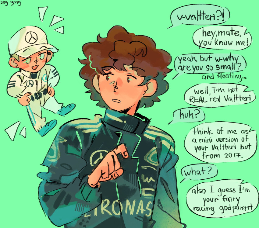 2boys, andrea_kimi_antonelli, aqua_background, artist_name, black_racing_suit, brown_eyes, brown_hair, commentary, english_commentary, english_text, floating, formula_one, highres, long_sleeves, looking_at_another, male_focus, mercedes-benz, multiple_boys, notice_lines, open_mouth, racing_suit, real_life, short_hair, simple_background, smile, sog_goog, speech_bubble, talking, valtteri_bottas