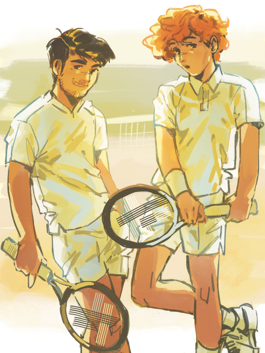2boys, absurdres, black_eyes, black_hair, carlos_alcaraz, closed_mouth, collared_shirt, commentary, english_commentary, facial_hair, highres, holding, holding_tennis_racket, jannik_sinner, looking_at_viewer, male_focus, multiple_boys, open_mouth, orange_hair, racket, real_life, shirt, short_hair, short_shorts, shorts, sog_goog, tennis_racket, white_shirt, white_shorts
