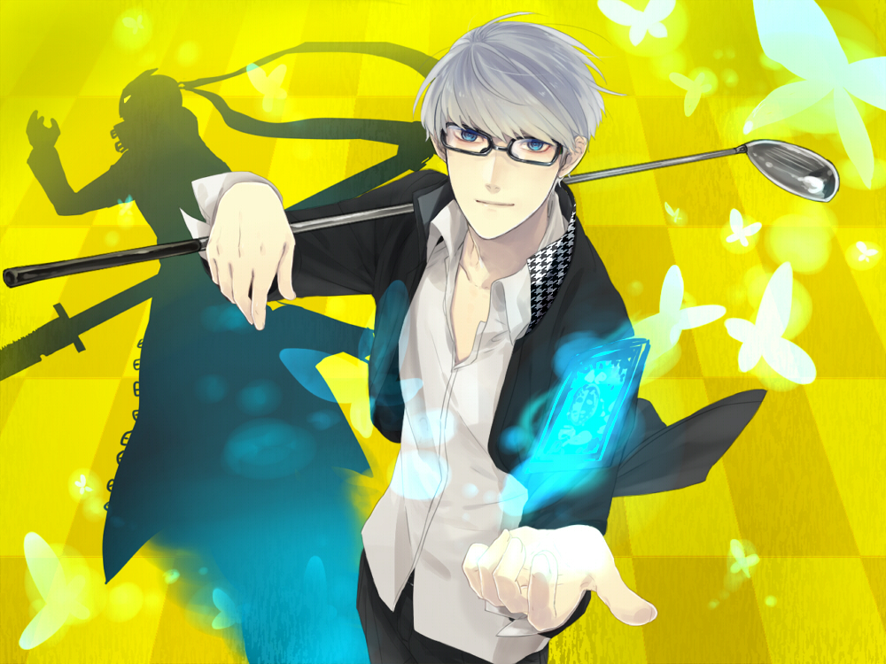 blue_eyes, butterfly, card, checkered, checkered_floor, floating_card, glasses, golf_club, grey_hair, izanagi, narukami_yuu, open_clothes, open_shirt, persona, persona_4, school_uniform, shadow, shirt, tori_shiru