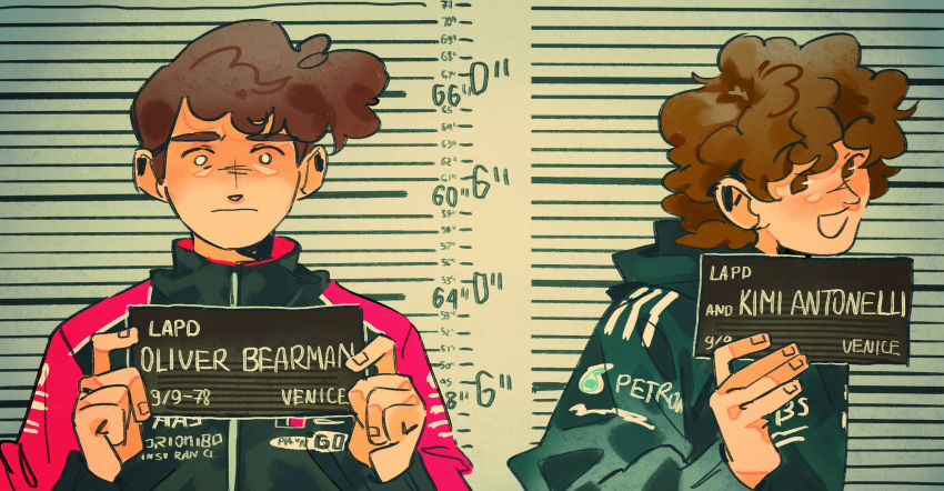 2boys, :d, andrea_kimi_antonelli, barbie_mugshot_(meme), black_jacket, blank_eyes, brown_eyes, brown_hair