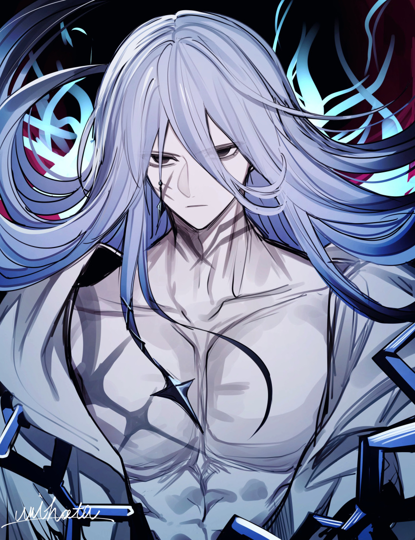 1boy, absurdres, azrael_(grand_assassin)_(fate), bags_under_eyes, black_eyes, blue_fire, blue_hair, colored_skin