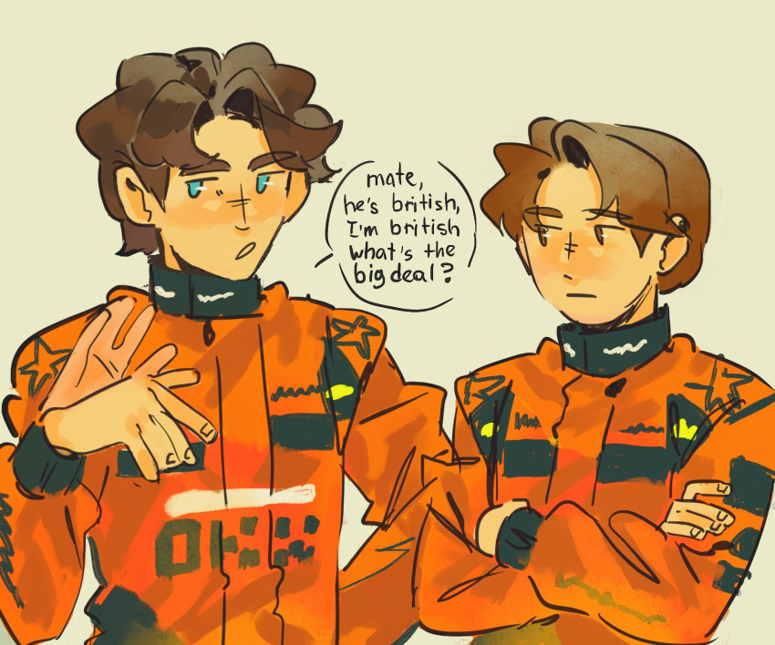 2boys, afterimage, blue_eyes, brown_eyes, brown_hair, closed_mouth, commentary, crossed_arms, english_commentary, english_text, formula_one, george_russell, highres, jitome, long_sleeves, looking_at_another, male_focus, multiple_boys, open_mouth, orange_racing_suit, oscar_piastri, racing_suit, real_life, short_hair, simple_background, sog_goog, speech_bubble, talking, upper_body