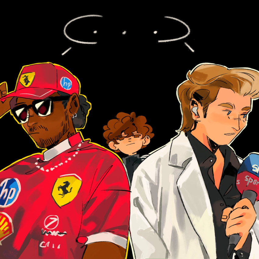 ..., 3boys, andrea_kimi_antonelli, averting_eyes, baseball_cap, black_background, black_hair, black_shirt