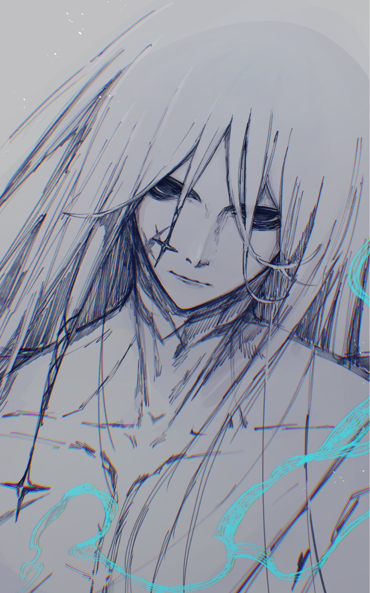 1boy, azrael_(grand_assassin)_(fate), bags_under_eyes, fate/grand_order, fate_(series), greyscale, hair_between_eyes, hair_ornament