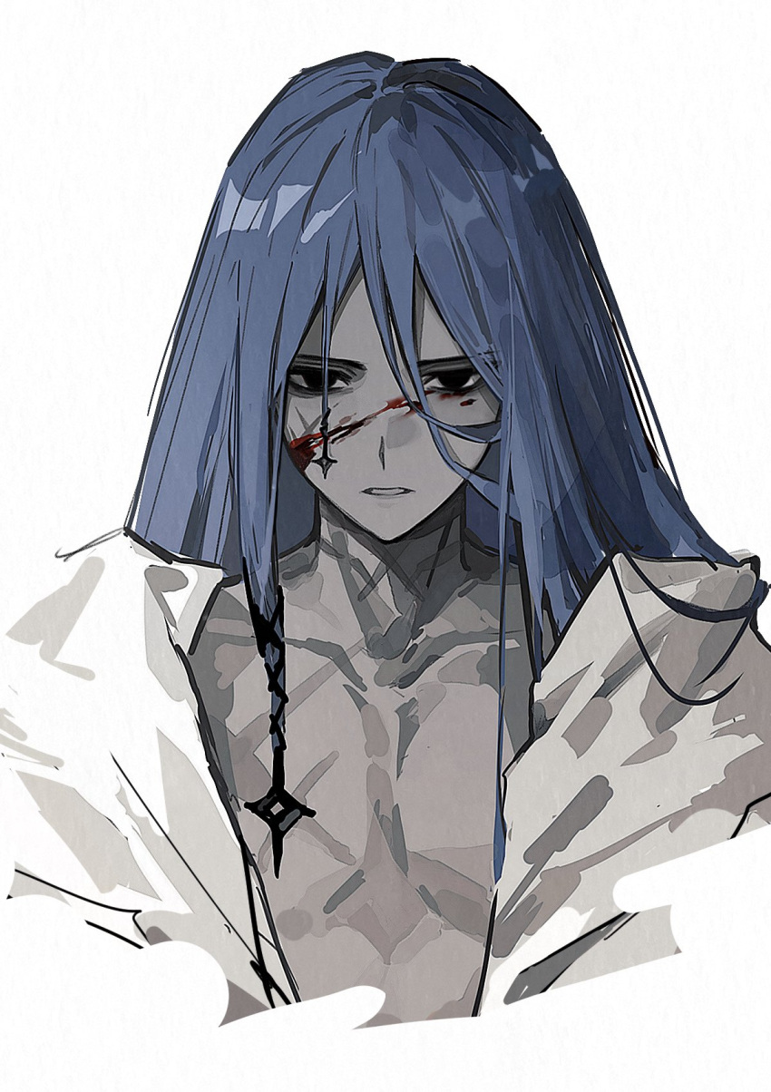 1boy, azrael_(grand_assassin)_(fate), bags_under_eyes, black_eyes, blood, blood_on_face, blue_hair, colored_skin