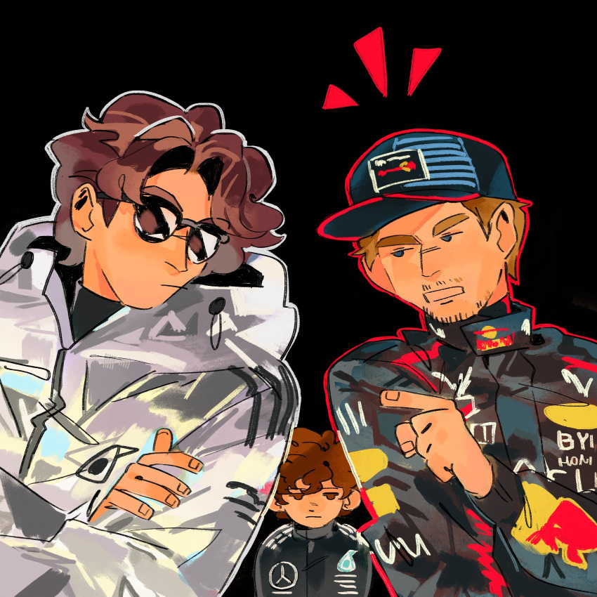 3boys, andrea_kimi_antonelli, baseball_cap, black_background, black_racing_suit, blue_eyes, blue_hat, brown_eyes