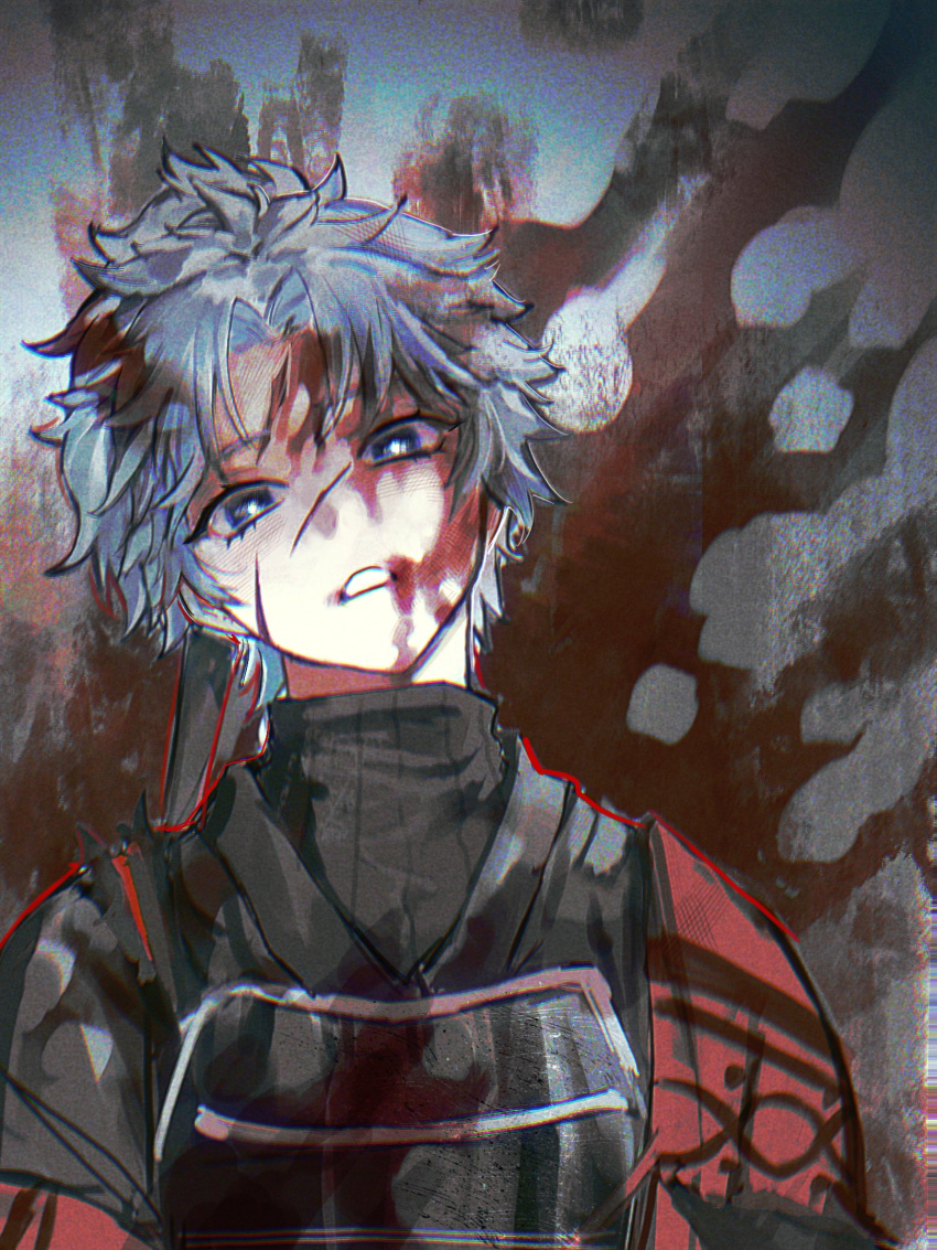 1boy, armor, blood, blood_on_clothes, blood_on_face, blue_eyes, earrings, fate/grand_order