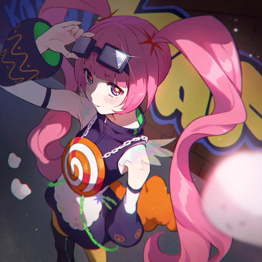 1girl, absurdres, adjusting_eyewear, alternate_costume, alternate_hairstyle, arm_up, black_boots, blue_eyes, blue_jacket, blue_skirt, blue_sleeves, blush, boots, closed_mouth, commentary, detached_sleeves, english_commentary, eyewear_on_head, feet_out_of_frame, from_above, graffiti, highres, jacket, kaf_(kamitsubaki_studio), kamitsubaki_studio, long_hair, long_sleeves, looking_at_viewer, memori_(egachachachan), pantyhose, rectangular_eyewear, skirt, sleeveless, sleeveless_jacket, smile, solo, twintails, very_long_hair, virtual_youtuber, wide_sleeves, yellow_pantyhose, yellow_pupils