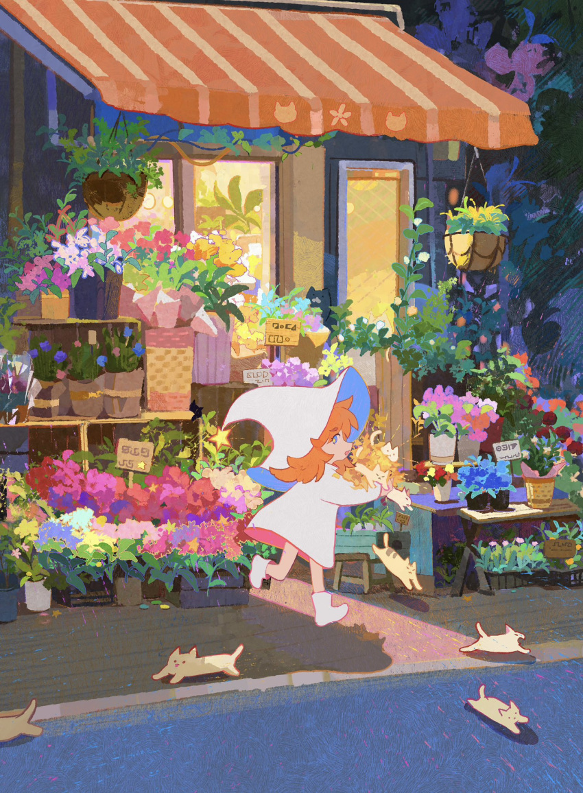 1girl, boots, cat, child, dress, flower, from_side, hat