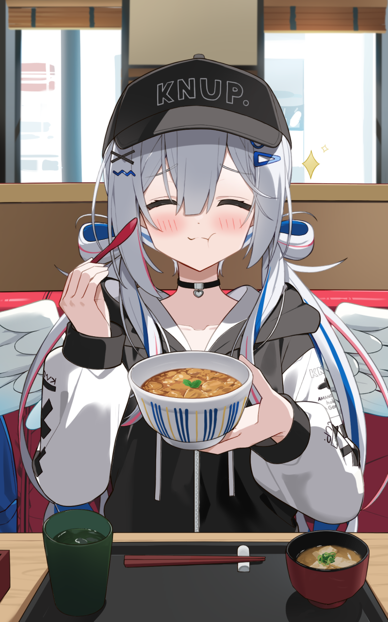 1girl, :t, amane_kanata, amane_kanata_(lock_on), angel_wings, baseball_cap, black_choker, black_hat