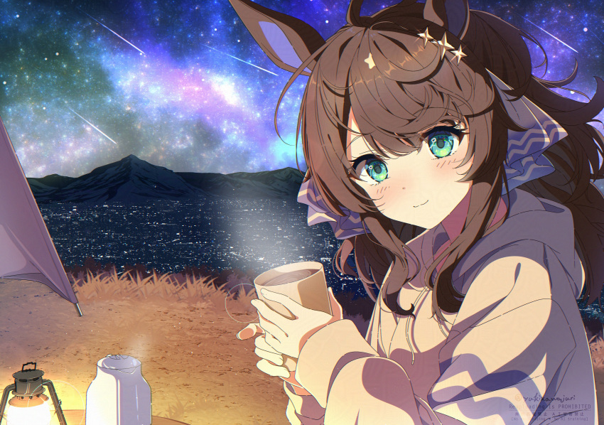1girl, absurdres, animal_ears, brown_coat, brown_hair, camping, casual, coat
