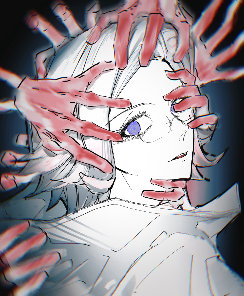 1boy, absurdres, aotsuki_eito, black_background, chinese_commentary, colored_skin, commentary_request, disembodied_hand, glasses, grey_hair, hand_on_another's_face, hand_on_another's_head, hand_on_another's_neck, highres, horror_(theme), jacket, looking_at_viewer, male_focus, one_eye_covered, parted_lips, portrait, reaching, reaching_towards_another, semi-rimless_eyewear, short_hair, solo, teeth, the_hundred_line_-last_defense_academy-, upper_teeth_only, violet_eyes, white_jacket, white_skin, xlingshix