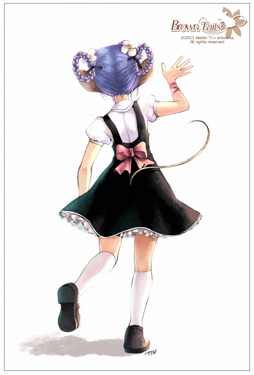 1girl, 2003, animal_ears, archived_source, arm_at_side, arm_ribbon, artist_name, back_bow, black_dress, black_ribbon, black_shoes, bow, braid, braided_hair_rings, brown_tail, brown_tails, collared_shirt, commentary_request, copyright_notice, dated, dress, dress_bow, dress_shoes, facing_away, flower, from_behind, full_body, hair_flower, hair_ornament, hair_ribbon, hair_rings, half_updo, kneehighs, korean_commentary, legs_apart, legs_up, logo, mary_janes, mouse_ears, mouse_girl, mouse_tail, original, petticoat, pinafore_dress, pink_bow, pink_ribbon, puffy_short_sleeves, puffy_sleeves, ribbon, shirt, shoes, short_sleeves, signature, simple_background, sleeve_cuffs, sleeveless, sleeveless_dress, socks, solo, tail, tiv, waving, white_background, white_flower, white_shirt, white_socks