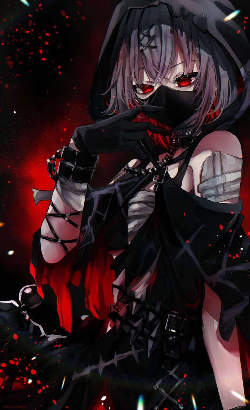 1girl, absurdres, bandaged_arm, bandages, black_choker, black_cloak, black_dress, black_gloves