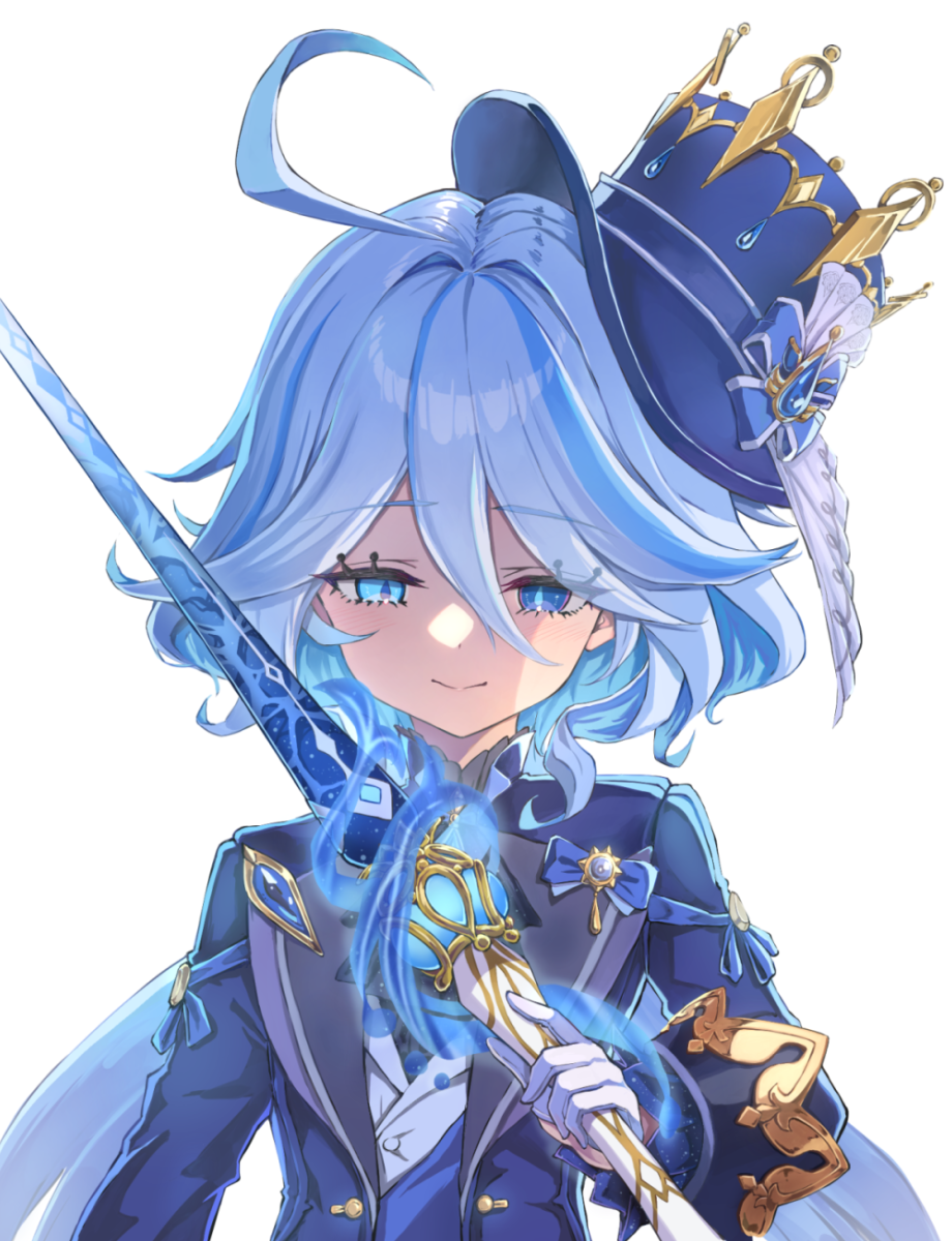1girl, ahoge, blue_eyes, blue_hair, blue_hat, blue_jacket, closed_mouth, commentary_request
