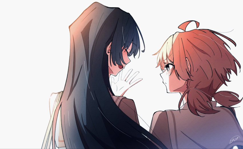 2girls, ahoge, black_hair, blush, closed_eyes, closed_mouth, commentary, from_behind