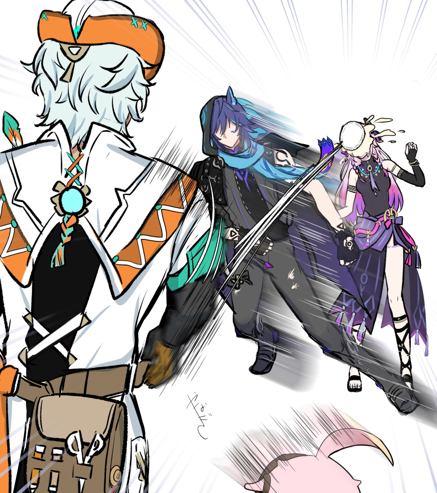 1girl, 2boys, arm_tattoo, armlet, backpack, bag, bare_shoulders, belt_pouch