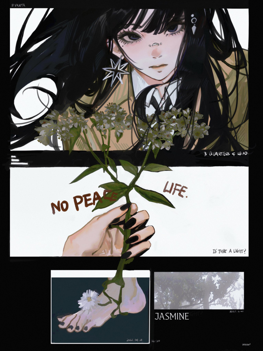 1girl, black_hair, black_nails, brown_jacket, commentary, earrings, english_commentary, english_text