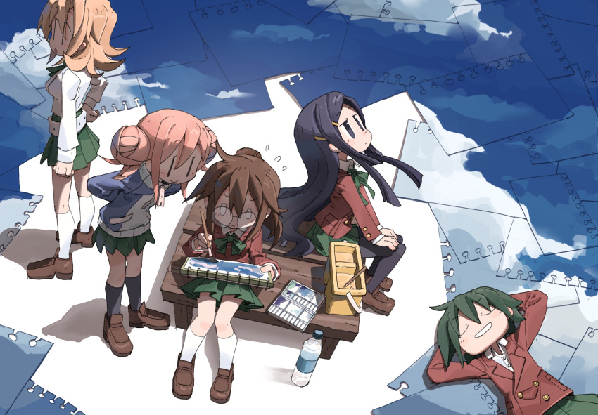 0_0, 5girls, black_socks, blazer, blonde_hair, bottle, bow, bowtie