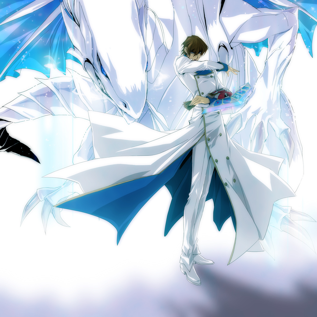 artist_request, blue_eyes_white_dragon, card, dragon, duel_disk, duel_monster, epic, fabulous, grin, holding, holding_card, kaiba_seto, leciel2010, male, short_hair, smile, tom_(leciel2010), yu-gi-oh!, yuu-gi-ou, yuu-gi-ou_duel_monsters