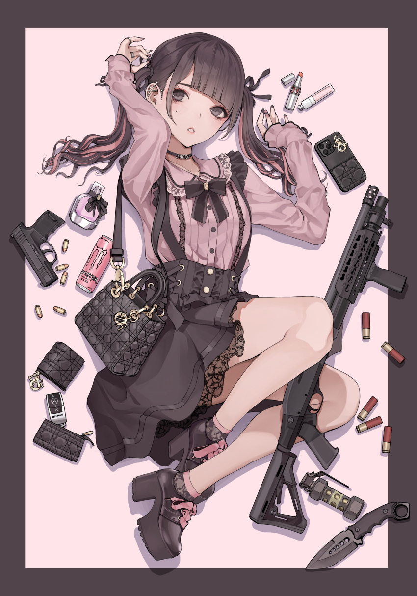1girl, absurdres, aegyo_sal, bag, black_bag, black_boots, black_eyes, black_hair