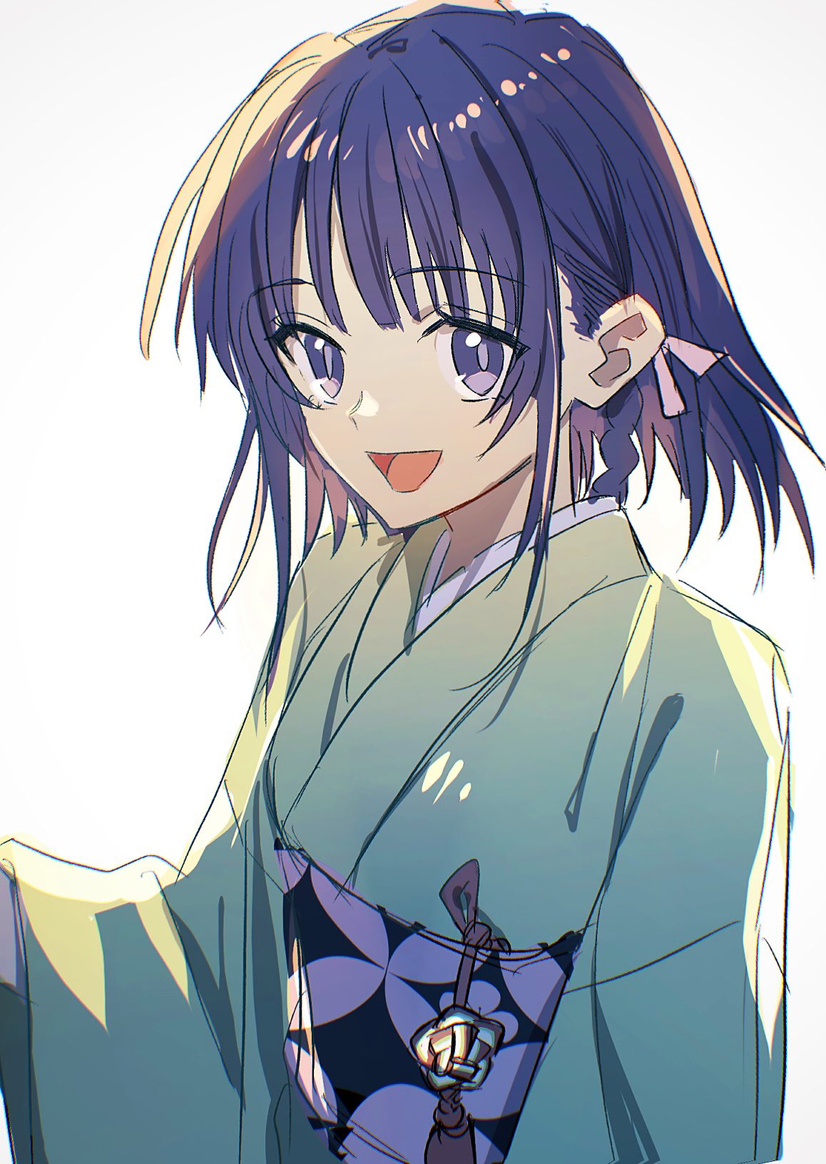 1girl, braid, braided_hair_rings, fate/samurai_remnant, fate_(series), green_kimono, hair_ribbon, hair_rings
