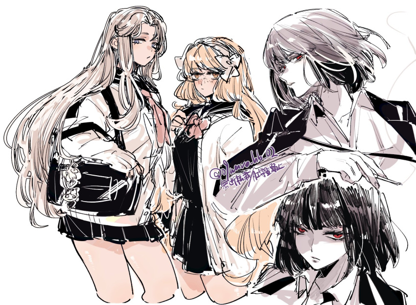 3girls, black_bag, black_hair, black_nails, black_shirt, black_skirt, blue_eyes, bob_cut