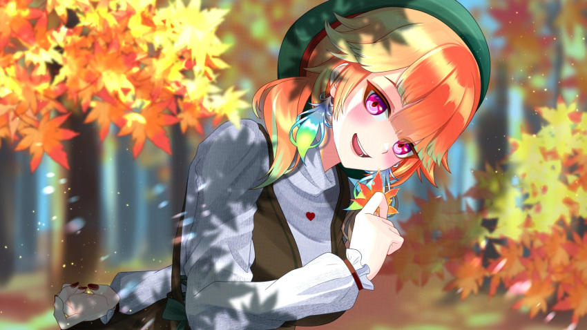 1girl, :d, autumn_leaves, blush, earrings, feather_earrings, feathers, green_hat